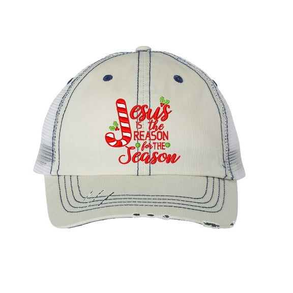 Women's Merry Christmas Holiday Distressed Trucker Hat, Jesus is the Reason for the Season, Putty
