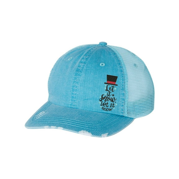 Women's Merry Christmas Holiday Distressed Trucker Hat, Let It Snow Snowman with Snowflakes, Blue