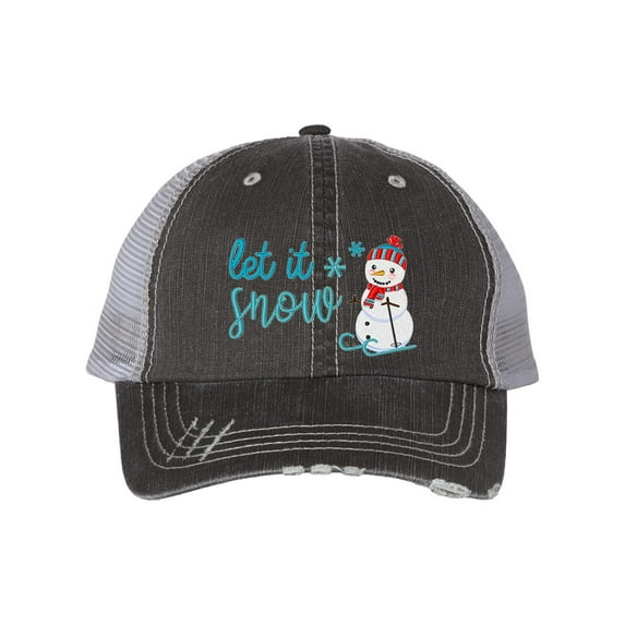 Women's Merry Christmas Holiday Distressed Trucker Hat, Let it Snow Happy Snowman, Black