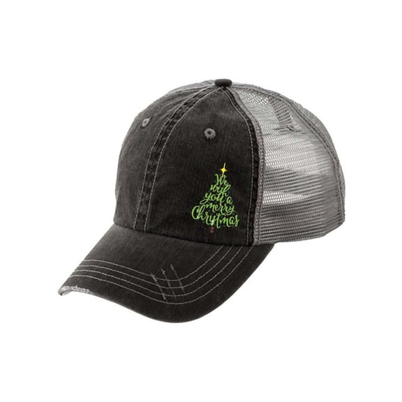 Women's Merry Christmas Holiday Distressed Trucker Hat, We Wish You a Merry Christmas Christmas Tree, Black
