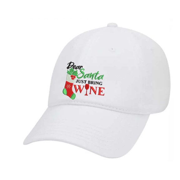 Women's Merry Christmas Holiday Ladies Fit Dad Hat With Metal Buckle Back, Dear Santa Just Bring Wine, White