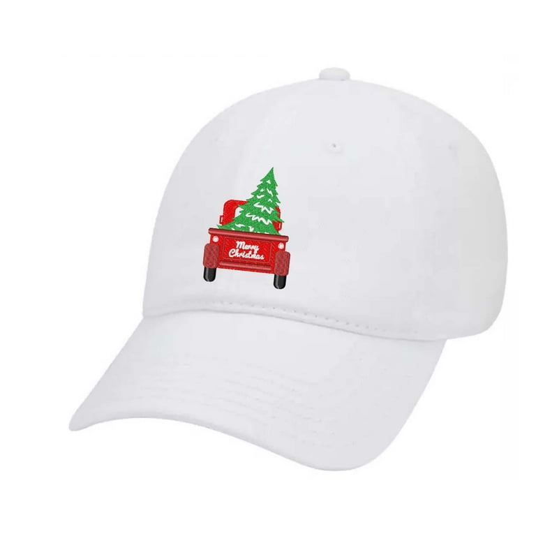 Women s Merry Christmas Holiday Ladies Fit Dad Hat With Metal Buckle Back Red Truck Carrying a Christmas Tree White