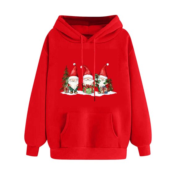 Women’s Merry Christmas Hoodie Long Sleeve Sweatshirt with Santa or Xmas Tree Graphic Printed Design Drawstring Closure Front Pocket Cozy Casual Holiday Top for Fall and Winter