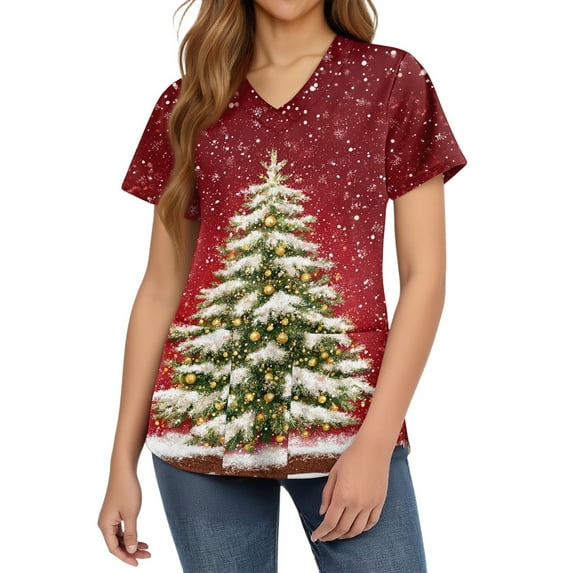 Women's Merry Christmas Scrubs Top Short Sleeve Plus Size Scrubs Nursing Uniforms for Women Christmas Plus Size Scrub T Shirts