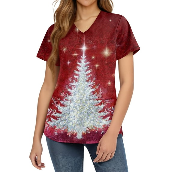 Women's Merry Christmas Scrubs Top Short Sleeve Plus Size Scrubs Nursing Uniforms for Women Christmas Plus Size Scrub T Shirts