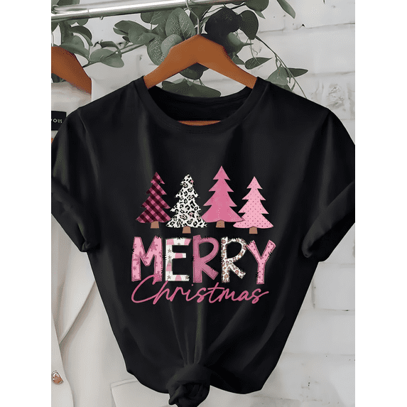 Women's Merry Christmas T-Shirt ,Holiday Short Sleeve Crewneck Top