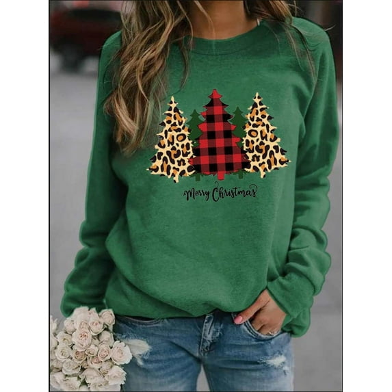Women's Merry Christmas Tree Letter Tops Casual Long Sleeve Loose Tee