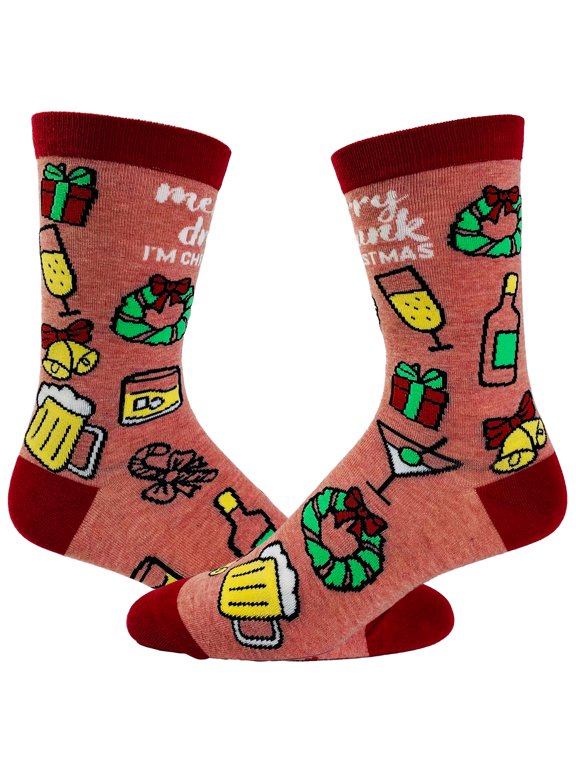 Women's Merry Drunkmas Socks Funny Christmas Party Beer Wine Lover Novelty Footwear
