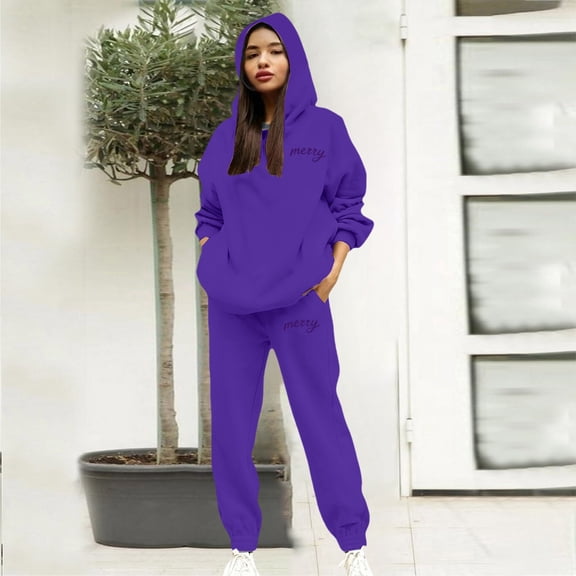Women's Merry Print Hooded Sweatsuit Set, 2 Piece Loungewear Outfit, Cute Graphic Hoodie and Jogger Pants, Soft Fleece Tracksuit, Cozy Casual Matching Set Purple XXXL