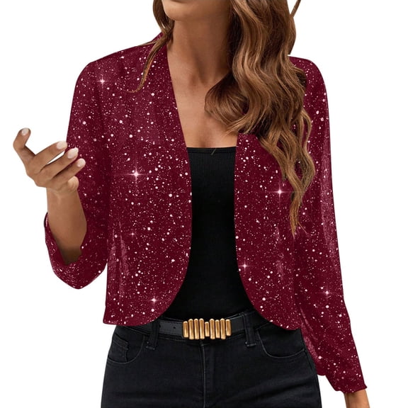 Women's Mesh 3/4 Sleeve Open Front Glitter Cropped Cardigan Jacket Cocktail Party Shrug Short Coats