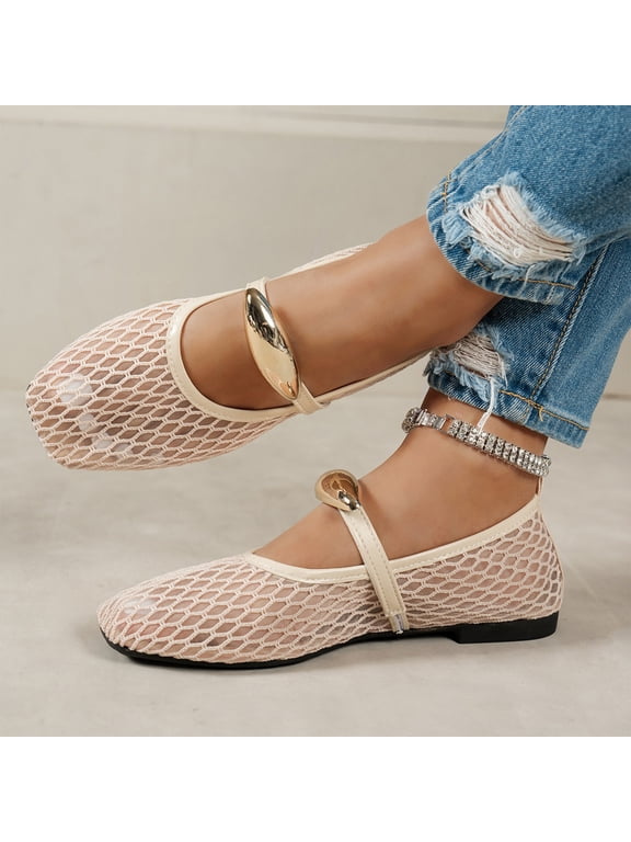 Women's Mesh Ballet Flats Fishnet Ballerina Flats Buckle Strap Square Toe Mesh Mary Shoes