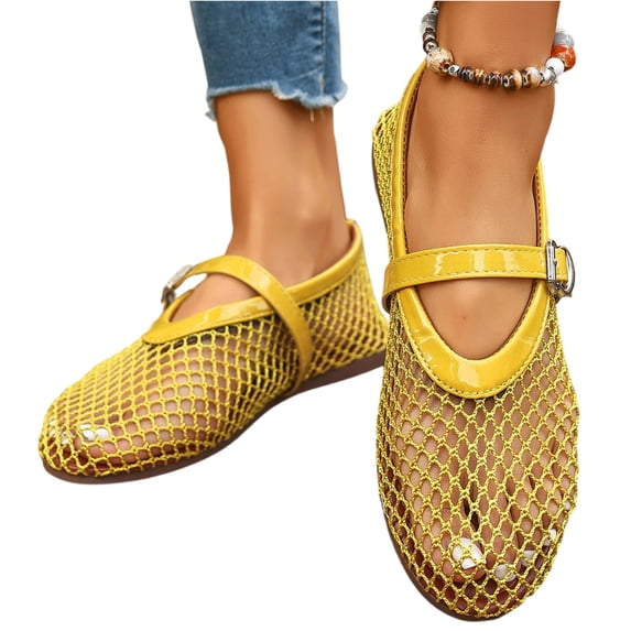 Women's Mesh Ballet Flats Fishnet Breathable Comfy Ballet Flats Shoes Buckle Strap Lightweight Daily Casual Business Dress Shoes