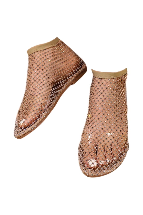 Women's Mesh Ballet Flats - Ultra Comfortable Fishnet Sandals, Rhinestone Low Heel Slip On Breathable Dress Shoes