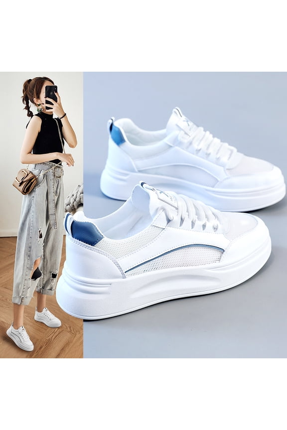 Women's Mesh Breathable Blue Accent Platform White Sneakers