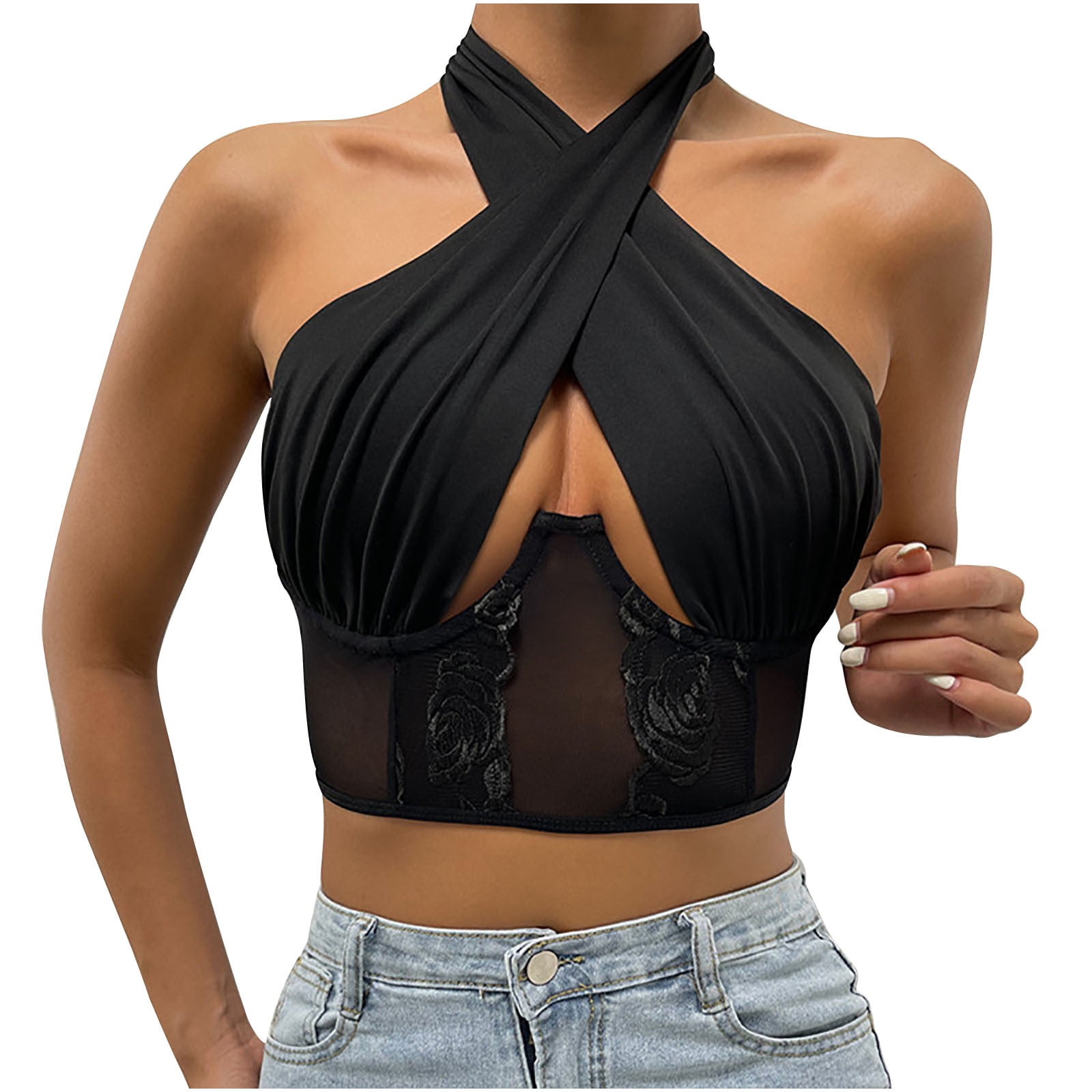 YONGHS Women's Sexy Sheer Mesh See Through Crop Top Shirts Halter Neck  Backless Vest Tank Top : : Clothing, Shoes & Accessories