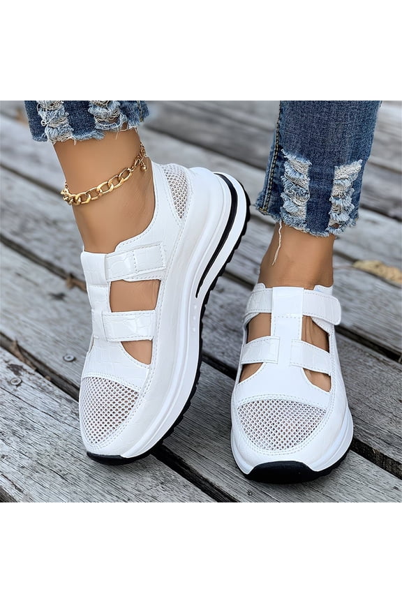Women's Mesh Cutout Platform Sandals Hook And Loop Breathable Rocker Shoes Daily Commute Work Shopping Stylish Casual Footwear White 40