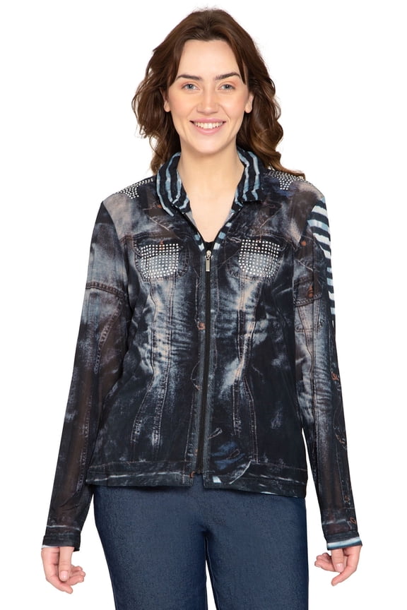 Women's Mesh Denim Look Printed Zip Front Jacket With Rhinestones