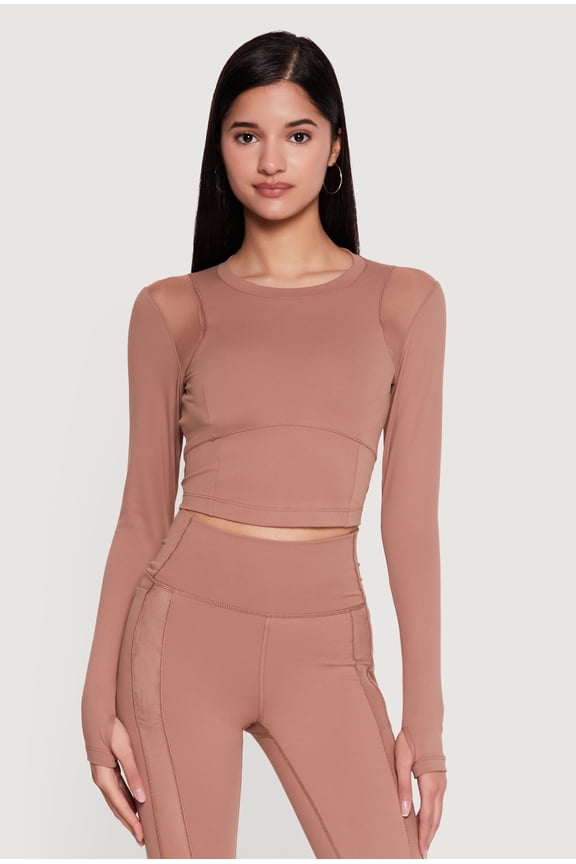 Women's Mesh Detail Long Sleeve Active Top with Thumb Holes