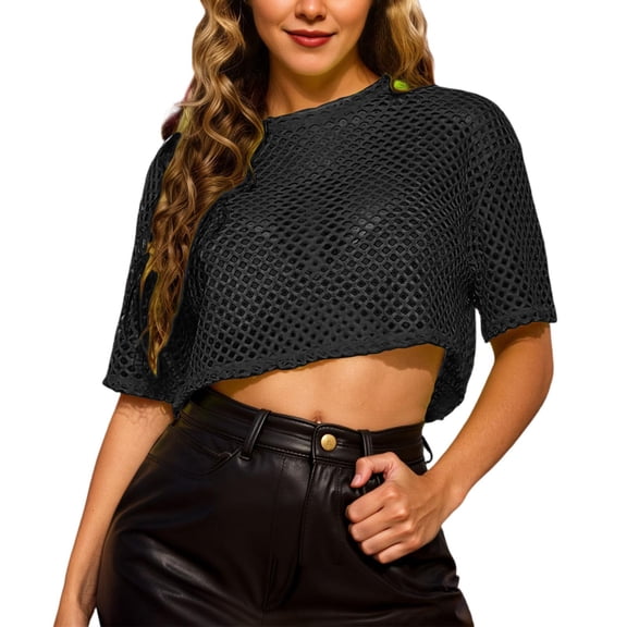 Women's Mesh Fishnet Tops Summer Lightweight Short Sleeve Crew Neck Cropped T Shirts Sheer See Through Casual Trendy Pullover Blouses