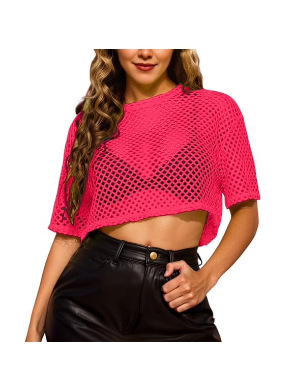 Women's Mesh Fishnet Tops Summer Lightweight Short Sleeve Crew Neck Cropped T Shirts Sheer See Through Casual Trendy Pullover Blouses