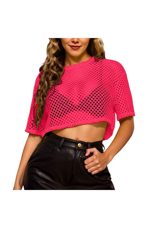 Women's Mesh Fishnet Tops Summer Lightweight Short Sleeve Crew Neck Cropped T Shirts Sheer See Through Casual Trendy Pullover Blouses