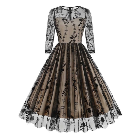 Women's Mesh Floral Long Sleeve Embroidery Vintage Cocktail Swing Dress Illusion 50s Goth A line Casual Wedding Prom Evening Dress