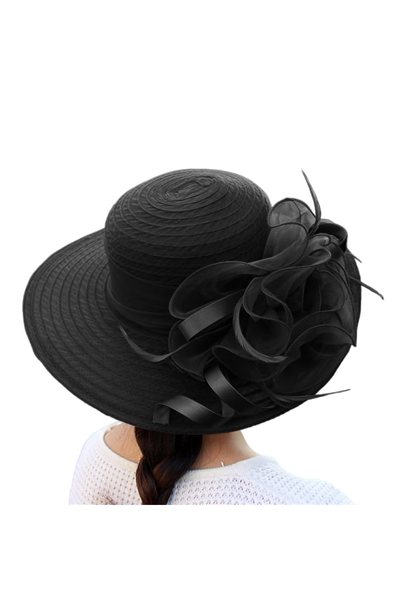 Women's Mesh Floral Sun Hat, Wide Brim Dome Style Wedding Photography Hat for Spring and Summer Outdoor Events, Sheer Overlay Design for Elegant Sun Protection and Special Occasions Black
