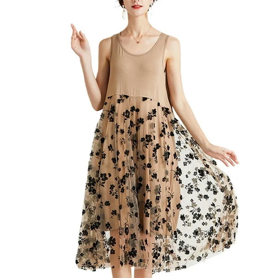 Women's Mesh Floral Vest Dress Summer Evening Wear Elegant and Sweet Sleeveless Scoop Neck Floral Long Dress-c-XXL