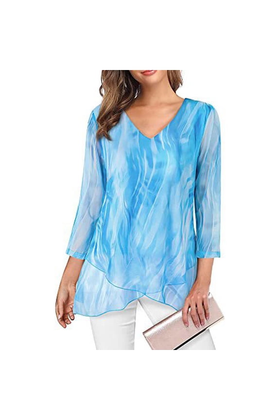 Women's Mesh Flowy Tunic Tops Cross Layered Hem 3/4 Sleeve V Neck Dressy Casual Blouses Plus Size S-3X (L, Blue)