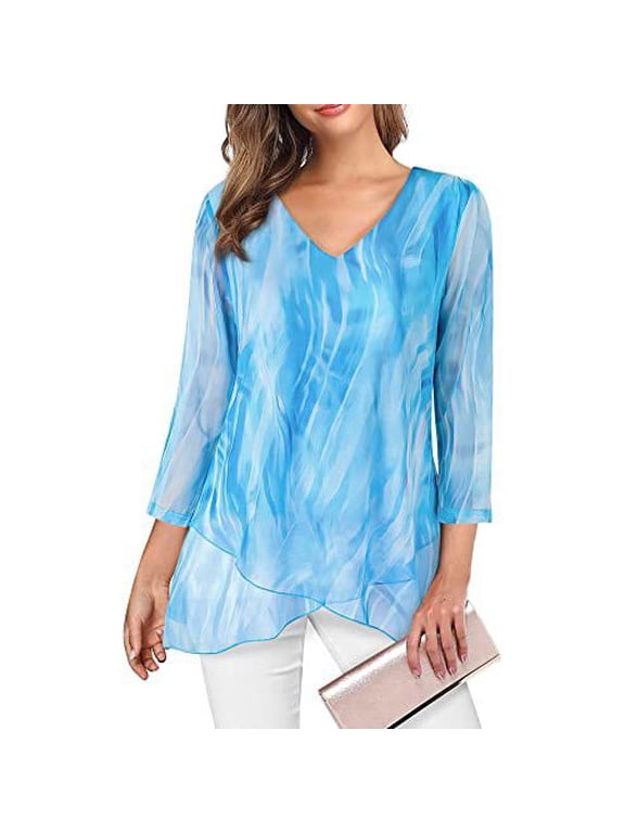 Women's Mesh Flowy Tunic Tops Cross Layered Hem 3/4 Sleeve V Neck Dressy Casual Blouses Plus Size S-3X (S, Blue)