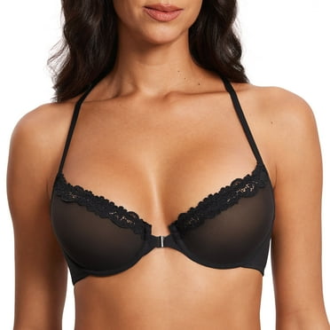 Women's Mesh Front Closure Racerback Bra Lace Trim Unlined Underwire Sexy Sheer Bras