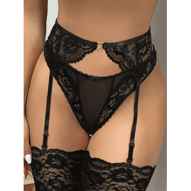 Women's Mesh Garter Belt with 4 Straps Clip for Thigh Highs Black