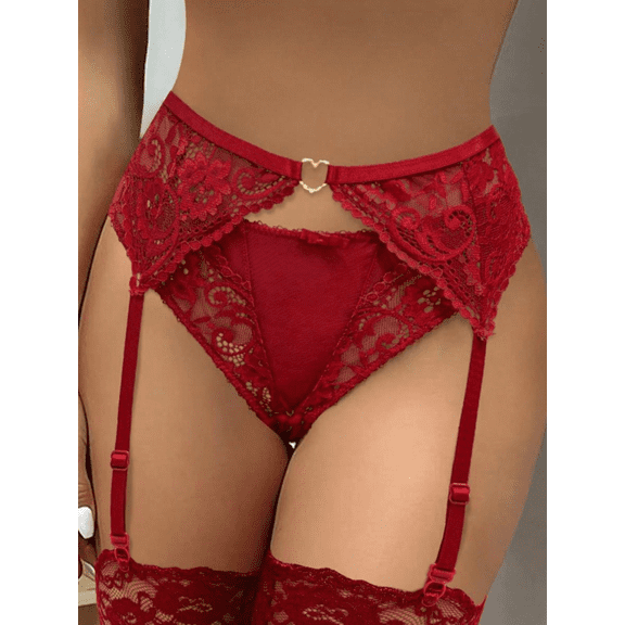 Women's Mesh Garter Belt with 4 Straps Clip for Thigh Highs Red