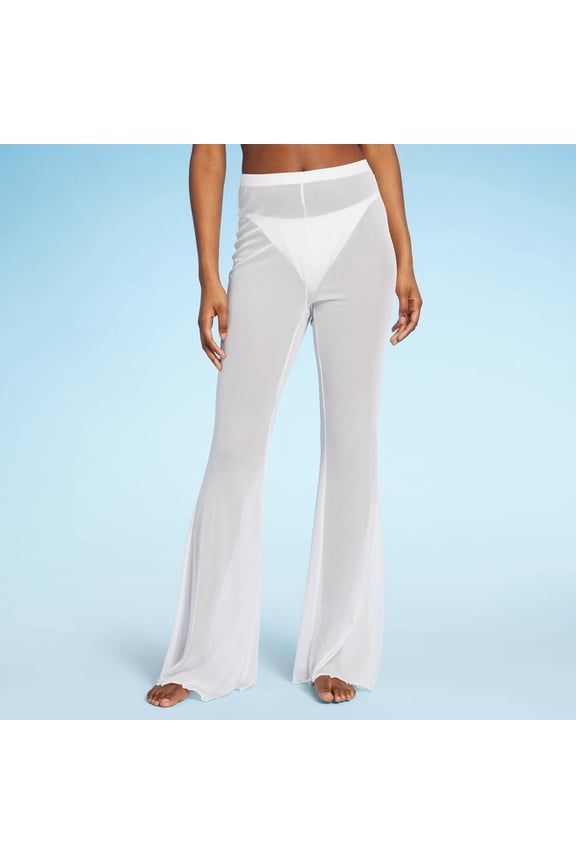 Women's Mesh High Waist Flare Cover up Pants White S