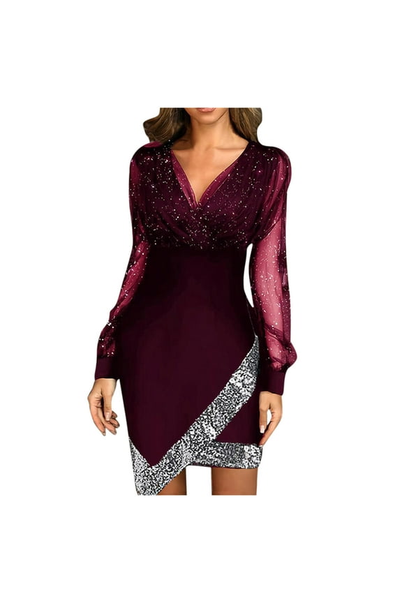Women's Mesh Insert V Neck Long Sleeve Dress, Night Out Party Dress, Bodycon Fit, Comfortable Fabric, Eye Catching Detailing,Red 2XL