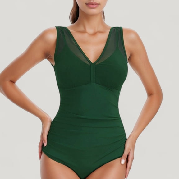 Women's Mesh Insert V-Neck One Piece Swimsuit with Ruched Waist and Wide Shoulder Straps - Medium, Olive Green
