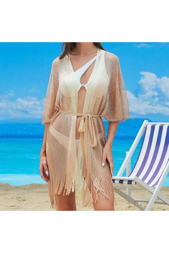 Women's Mesh Knit Beach Cover Up with Tassel Hem Tie Waist Open Front Cardigan Short Kaftan Lightweight Breathable for Beach Outfits Crochet Swim Cover up One Size