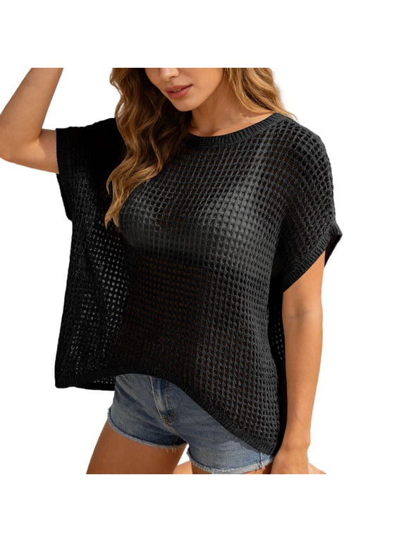 Women's Mesh Knit Shirt Short Sleeve Round Neck Open Weave Top Relaxed Fit Summer Casual Pullover