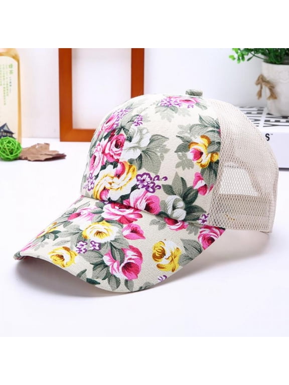 Women's Mesh Lace Flower Print Sun Hat Floral Trucker Baseball Cap Hat,Summer Women Female Floral Hat Baseball Cap Mesh Cool Cap Leisure Sun Visor Sun Hat Snapback Cap