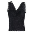 thumbnail image 1 of Women's Mesh Lace Sleeveless V Neck Sheer Tank Top, Wide Shoulder Strap Backless Tank Top, Blouse Anti-light Bottoming Vest with Chest Pad, Black, 3x-Large size, 1 of 8