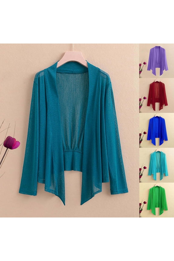 Women's Mesh Long Sleeve Cardigan Blouse Top Loose Fit Casual Solid Color Lightweight Open Front Cover Up | CSEONE,Blue XL