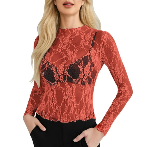 Women's Mesh Long Sleeve Neck Sheer Blouse Floral Lace Tops Breathable Stylish Casual Elegant Fashionable Comfortable