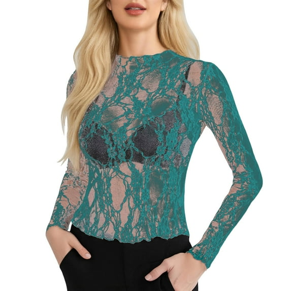 Women's Mesh Long Sleeve Neck Sheer Blouse Floral Lace Tops Breathable Stylish Casual Elegant Fashionable Comfortable