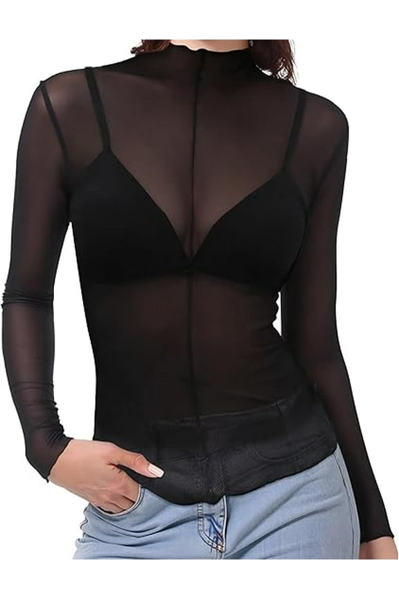 Women's Mesh Long-Sleeve Top, Lace Sheer Blouse, Slim Fit Patchwork See-Through Shirt, Black Fishnet Shirt