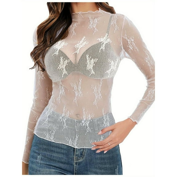 Women's Mesh Long Sleeve Top, Lace Sheer Fitted T-Shirt, Floral Embroidery See-Through Fishnet Shirt