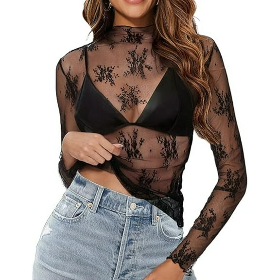 Women's Mesh Long Sleeve Top, Lace Sheer Fitted T-Shirt, Floral Embroidery See-Through Fishnet Shirt