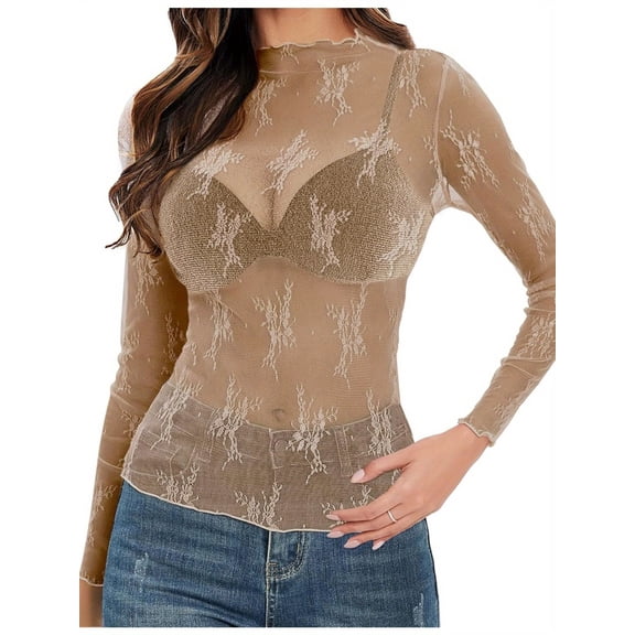 Women's Mesh Long Sleeve Top, Lace Sheer Slim-Fit Top, See-Through Mock Neck Floral Embroidery Bodysuit, Fishnet Shirt