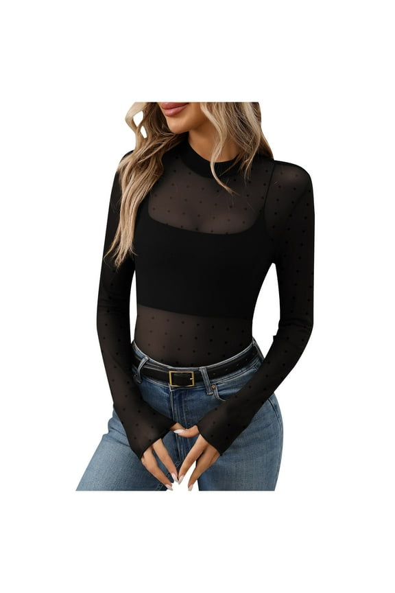 Women's Mesh Long Sleeve Tops Basic Crew Neck Sheer Tshirts Sexy See Through Tee Shirts Party Club Night Blouses Polka Dot Elegant Tops Slim Fit Dressy Casual Business Wear