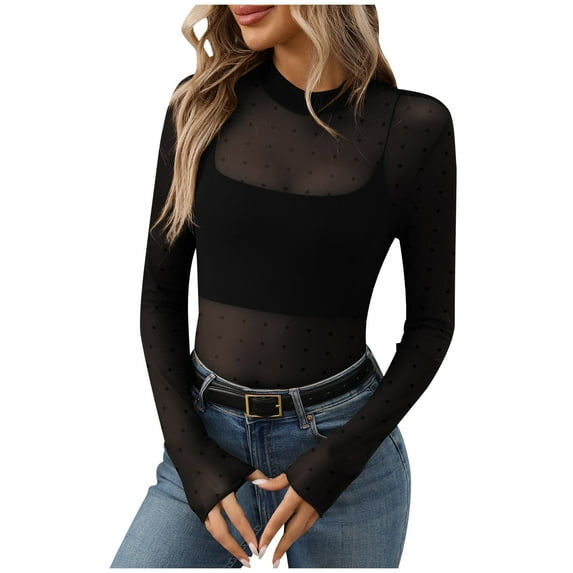 Women's Mesh Long Sleeve Tops Basic Crew Neck Sheer Tshirts Sexy See Through Tee Shirts Party Club Night Blouses Polka Dot Elegant Tops Slim Fit Dressy Casual Business Wear