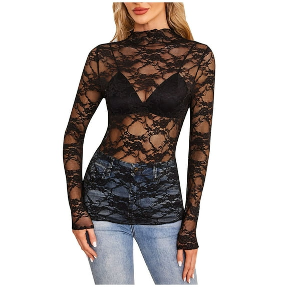 Women's Mesh Long Sleeve Tops Basic Crew Neck Sheer Tshirts Sexy See Through Tee Shirts Party Club Night Blouses Polka Dot Elegant Tops Slim Fit Dressy Casual Business Wear